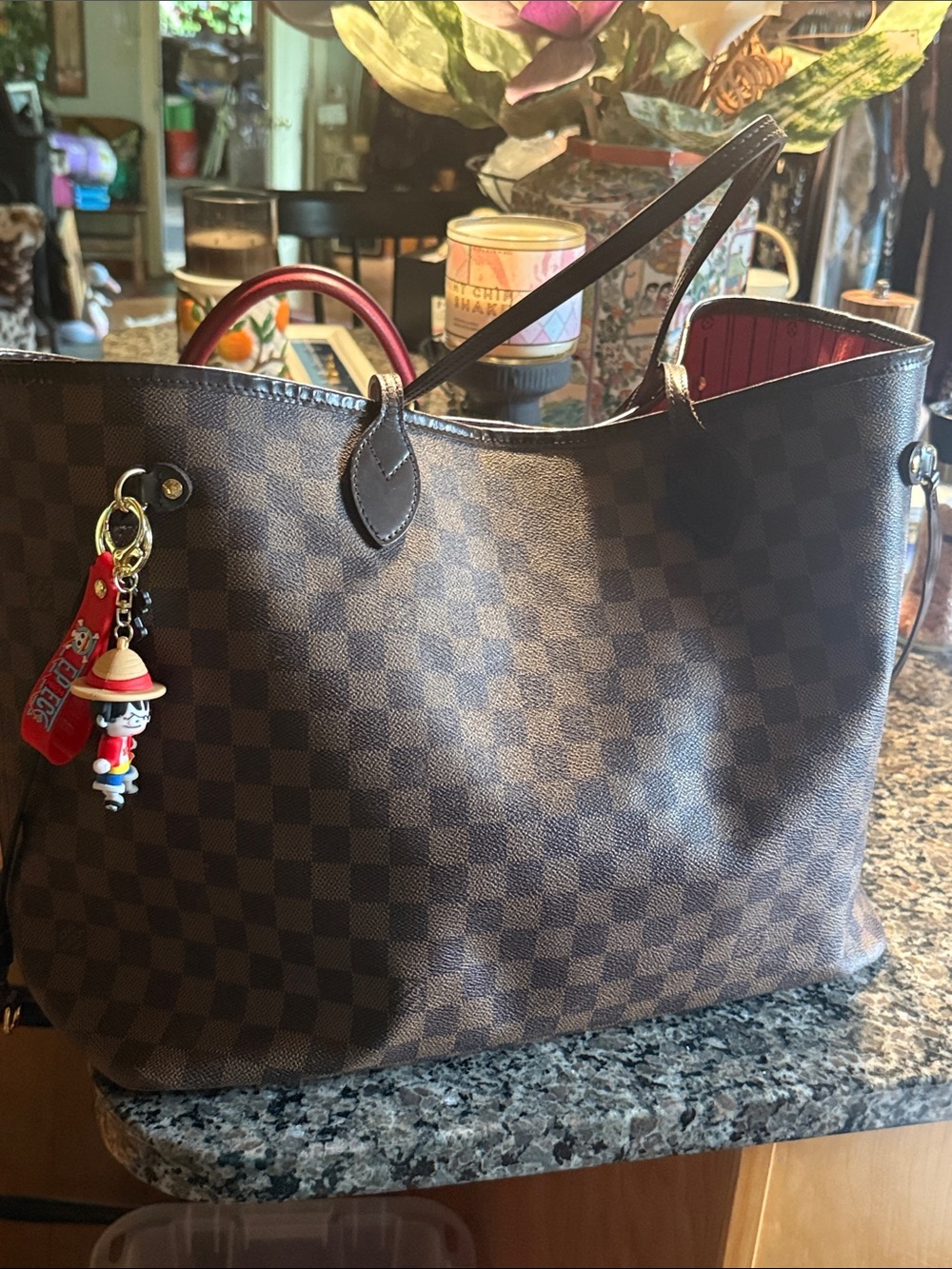 Louis Vuitton Brown Checkered Tote with Red Interior - Picture 5 of 10